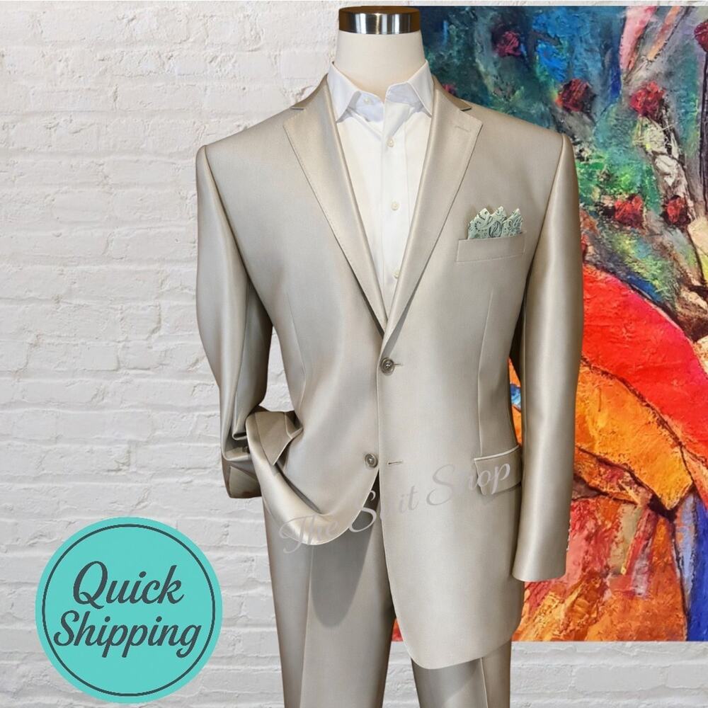 VITARELLI Italy Mens 50L 36x29 Gold Beige Champagne Sharkskin Prom Suit